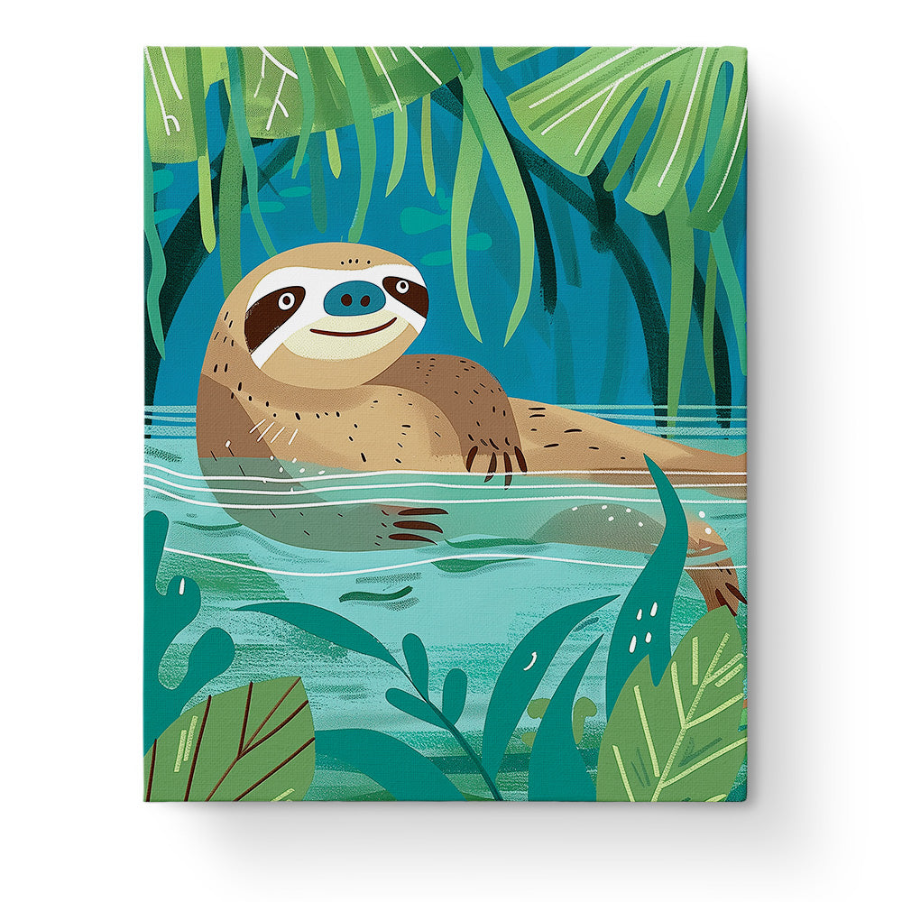 A playful sloth relaxes in a vibrant jungle scene. Lazy Sloth Adventure - Kids paint by numbers kit by miicreative, offering creativity and mindfulness.