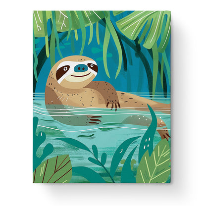 A playful sloth relaxes in a vibrant jungle scene. Lazy Sloth Adventure - Kids paint by numbers kit by miicreative, offering creativity and mindfulness.