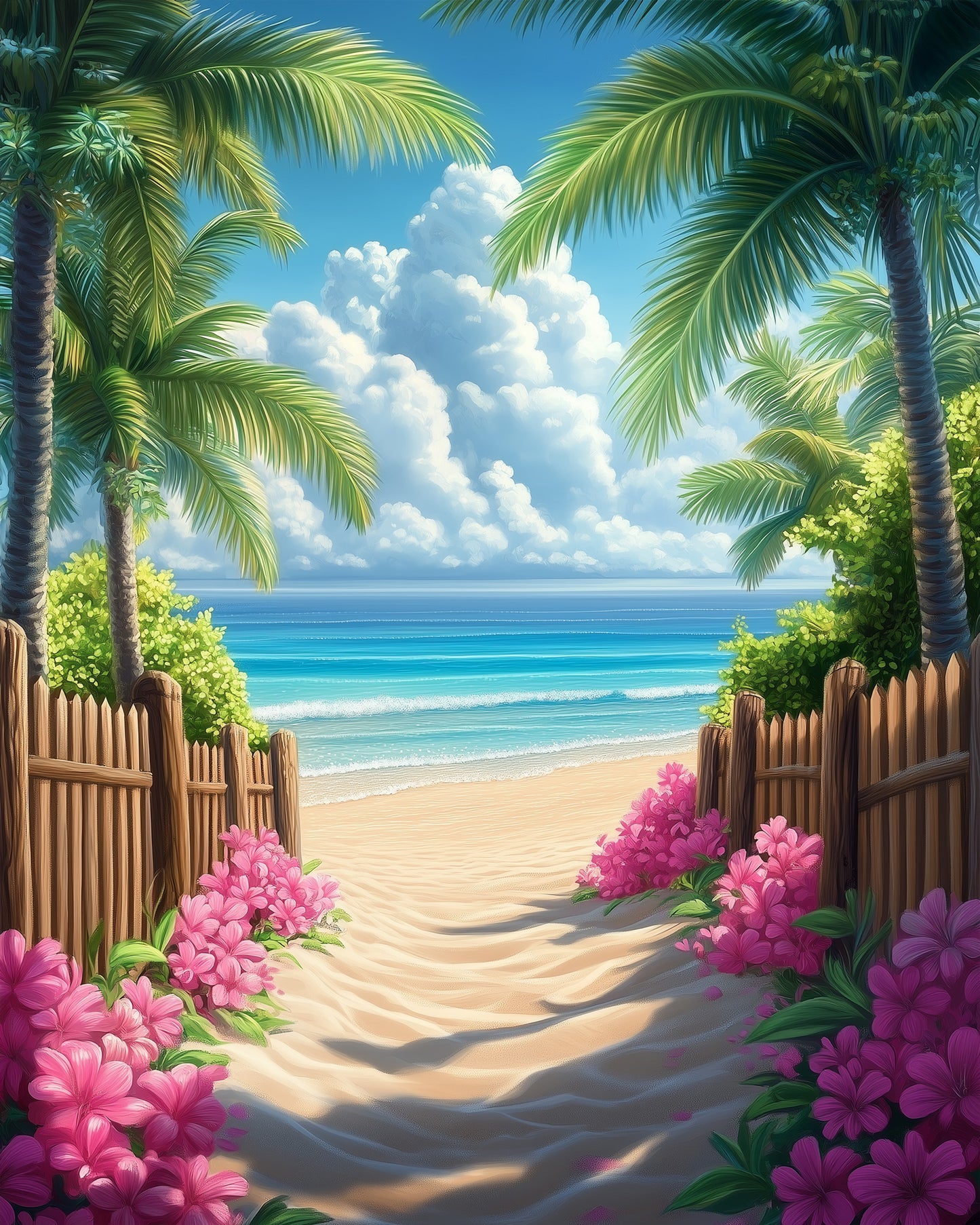 Explore miicreative’s Tropical Beach Pathway, a fixed paint by numbers kit. Capture the tranquility of a beach with palm trees and vibrant flowers, promoting relaxation.
