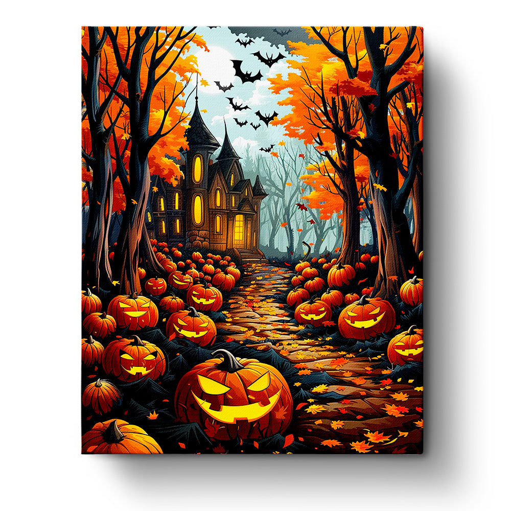 Spooky Pumpkin Path - Halloween paint by numbers kit by miicreative. Features vibrant orange pumpkins and bats under a moonlit sky. Highlights creativity and mindfulness with a haunted house backdrop.