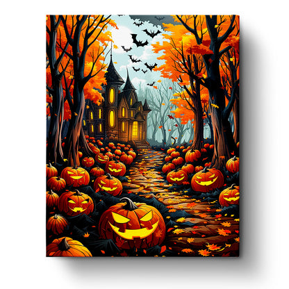 Spooky Pumpkin Path - Halloween paint by numbers kit by miicreative. Features vibrant orange pumpkins and bats under a moonlit sky. Highlights creativity and mindfulness with a haunted house backdrop.