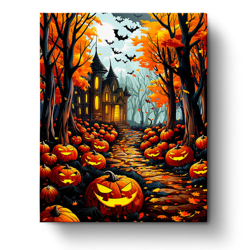 Spooky Pumpkin Path - Halloween paint by numbers kit by miicreative. Features vibrant orange pumpkins and bats under a moonlit sky. Highlights creativity and mindfulness with a haunted house backdrop.