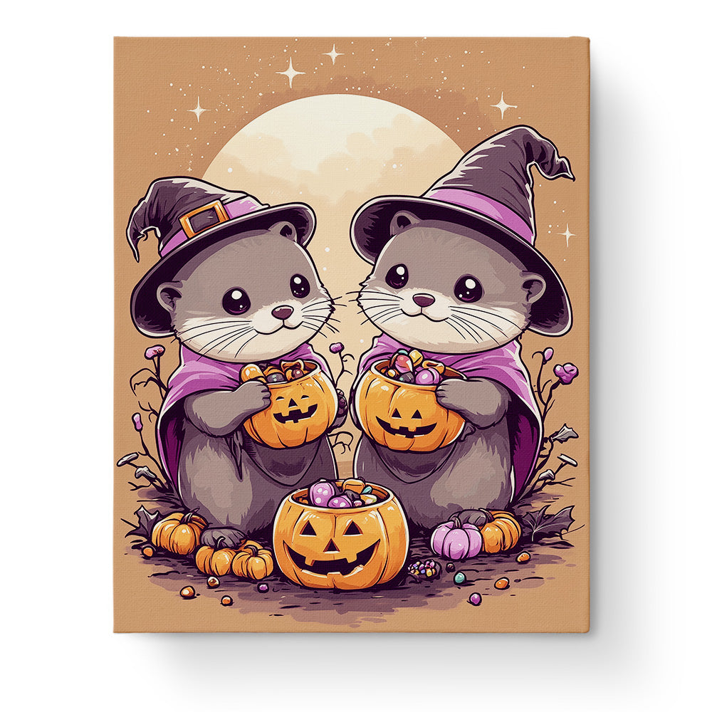 Two cute otters dressed as witches with pumpkin baskets under the moonlight. miicreative's Witchy Otters Paint Kit - Halloween offers stress relief and creative mindfulness.