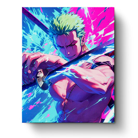 Zoro Swordmaster Spirit - Anime by miicreative. Features Zoro from One Piece, captured in a dynamic pose, offering a mindful painting experience.
