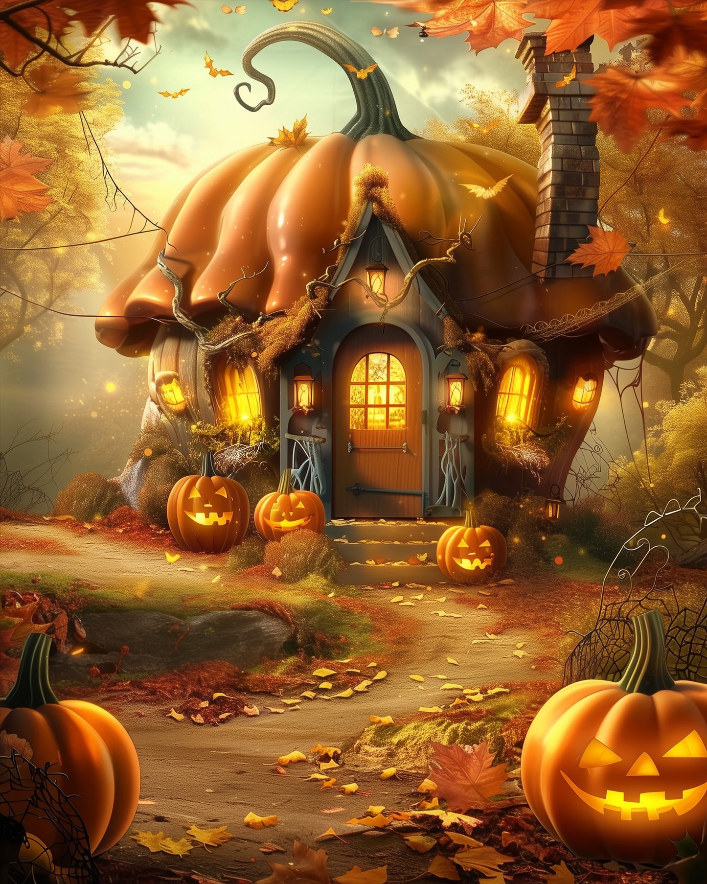 Paint by numbers kit showing a whimsical pumpkin-shaped cottage surrounded by glowing Jack-O-Lanterns and autumn leaves. Product by miicreative, capturing warm colors and fall themes, enhancing mindfulness.
