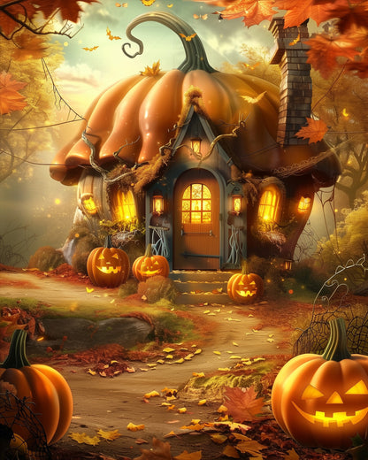 Paint by numbers kit showing a whimsical pumpkin-shaped cottage surrounded by glowing Jack-O-Lanterns and autumn leaves. Product by miicreative, capturing warm colors and fall themes, enhancing mindfulness.