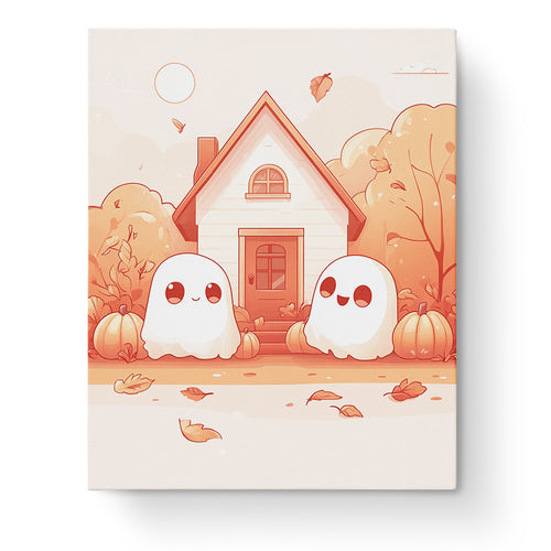 Cozy Ghosts at Autumn Cottage - Halloween by miicreative. A playful scene with two ghostly figures and pumpkins, emphasizing mindfulness and creativity. Rich autumn colors make it perfect for stress relief.