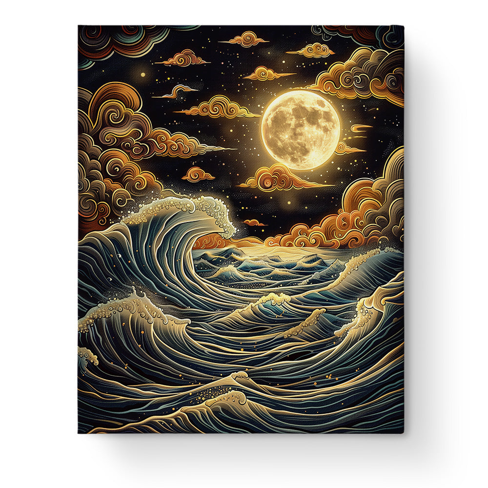Lunar Waves Tranquility by miicreative captures a serene night sea scene. A glowing full moon illuminates calm waves and swirling clouds, offering a mindful painting experience.