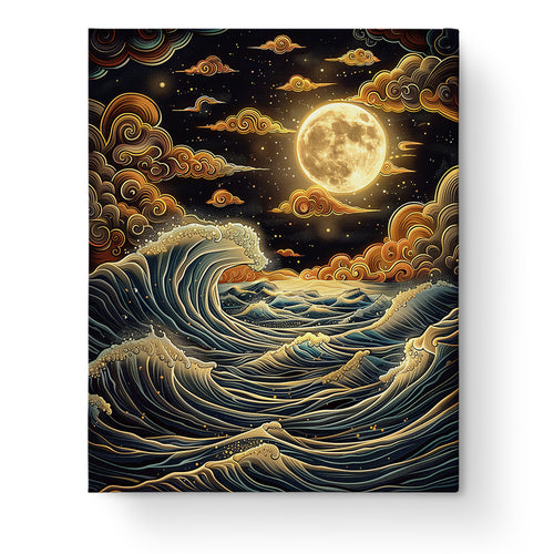 Lunar Waves Tranquility by miicreative captures a serene night sea scene. A glowing full moon illuminates calm waves and swirling clouds, offering a mindful painting experience.