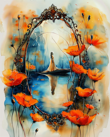 Reflection of Serenity - Bohemian Vibes by miicreative. The image features a dreamy scene in a decorative frame with bright orange flowers and a figure in a reflective pose, evoking mindfulness and creativity.