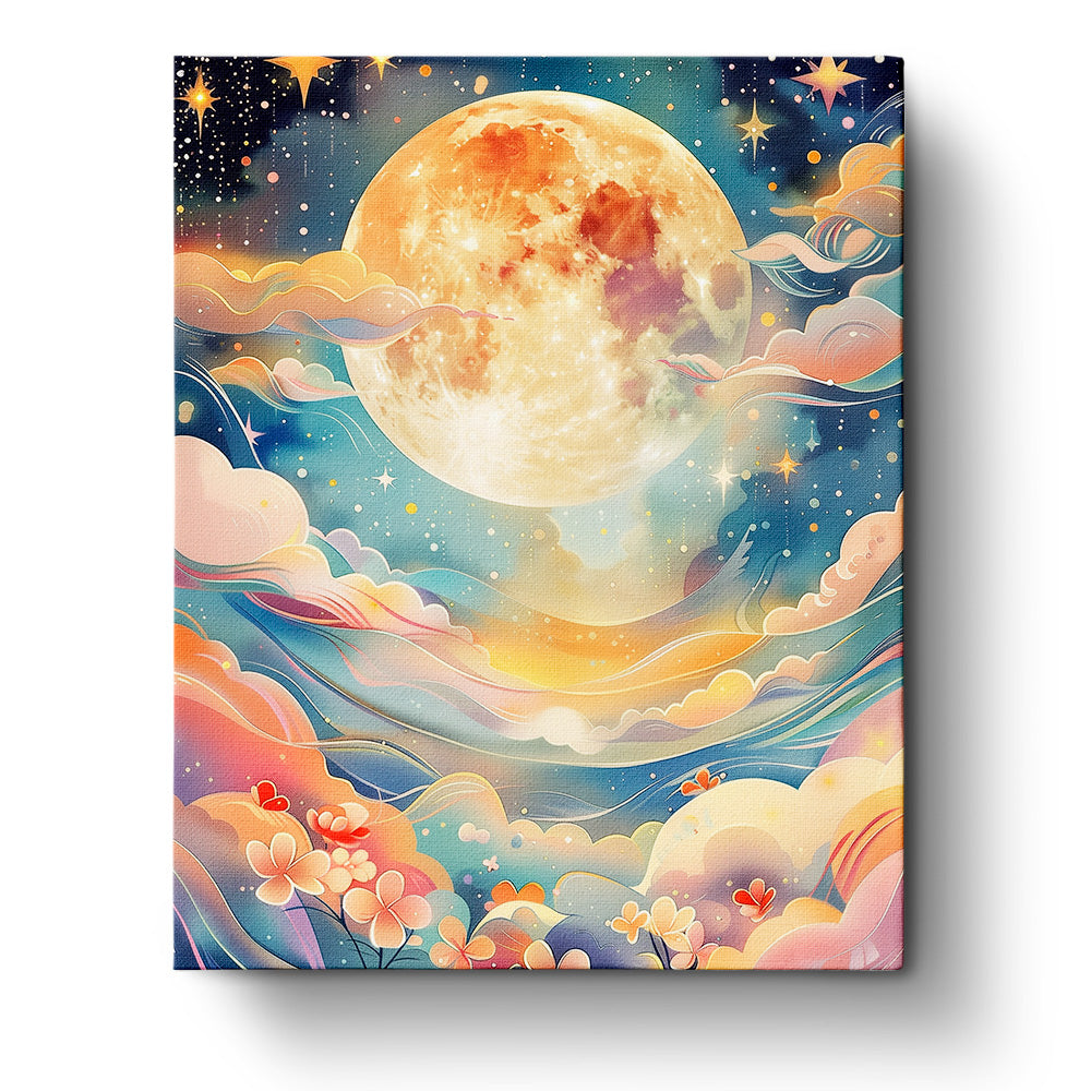 A whimsical celestial dreamscape featuring a glowing moon surrounded by colorful clouds and stars, part of the Celestial Dreamscape - Bohemian Vibes collection by miicreative. Ideal for stress relief and fostering mindfulness and creativity.