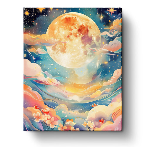 A whimsical celestial dreamscape featuring a glowing moon surrounded by colorful clouds and stars, part of the Celestial Dreamscape - Bohemian Vibes collection by miicreative. Ideal for stress relief and fostering mindfulness and creativity.