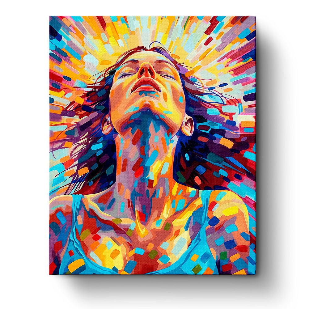 Image of a vibrant Radiant Soul Expression painting by miicreative, featuring a colorful depiction of a woman's face surrounded by dynamic brush strokes. This paint-by-numbers kit encourages mindfulness and creativity.