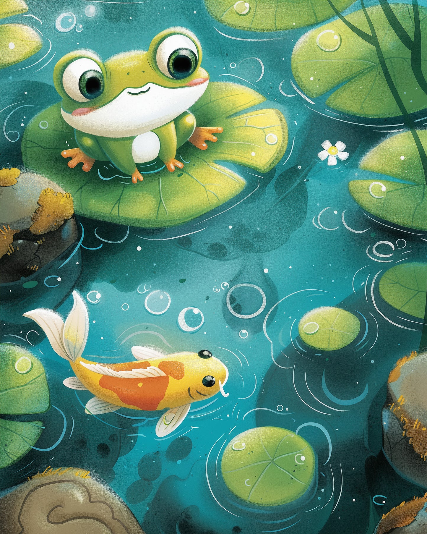 miicreative's Frog and Fish Pond - Kids kit. A playful frog and koi fish scene, perfect for enhancing creativity and relaxation. Enjoy painting with this delightful kit.
