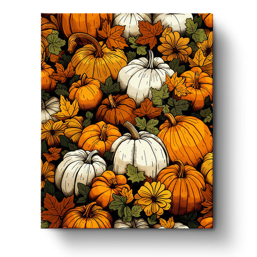 A vibrant array of orange and white pumpkins surrounded by autumn leaves and flowers, illustrating the Autumn Pumpkins Bliss - Halloween paint by numbers kit by miicreative. Highlights the relaxing and creative nature of the activity.