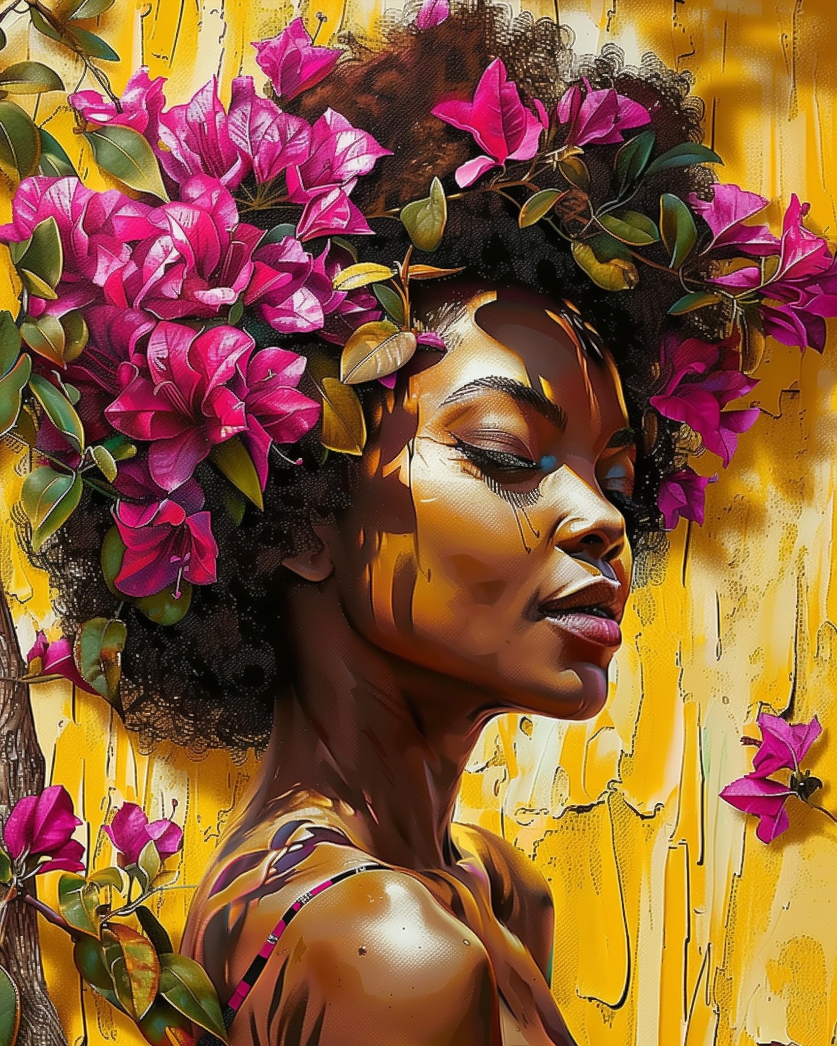 miicreative's Bougainvillea Elegance kit depicts a serene woman with vivid bougainvillea flowers, highlighting tranquility and artistic expression. Perfect for creative mindfulness.