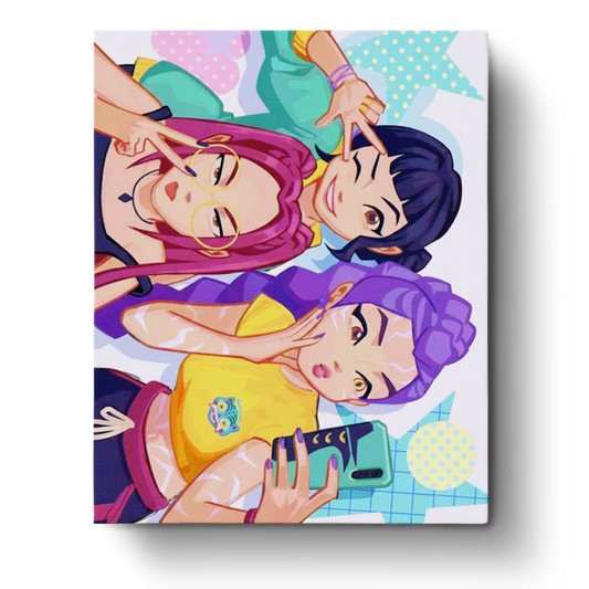Anime-Inspired Trio by miicreative featuring vibrant characters, promoting mindfulness through painting. A creative escape with a focus on relaxation.
