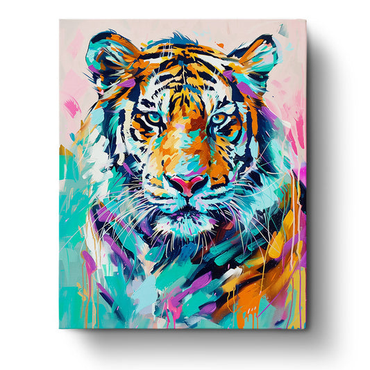 Vibrant Tiger paint by numbers kit by miicreative. This image features a colorful, abstract tiger with vivid orange, teal, and pink hues, offering a creative and meditative painting experience.