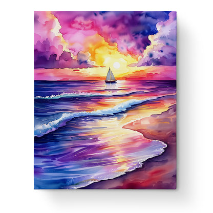 Sailing Serenity painting by miicreative featuring a calming sea landscape with a sunset, waves, and a sailboat. Perfect for mindfulness and relaxation.