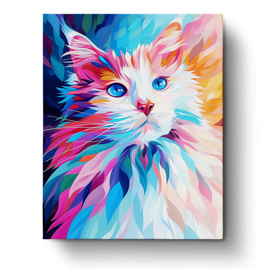 Vibrant Whiskers Cat painting by miicreative. Features a colorful abstract depiction of a cat with striking blue eyes, blending warm and cool tones. Highlighting mindfulness and creativity in the Abstract Animals collection.