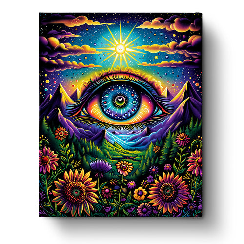 A vibrant paint by numbers kit titled Cosmic Eye Blossom - Meditation by miicreative. Features a central cosmic eye surrounded by radiant flowers, mystical mountains, and a starry sky, highlighting creativity and mindfulness.