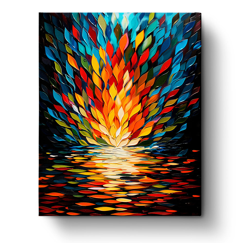 miicreative's Vibrant Flames Reflection - Meditation kit. Features a colorful burst of leaves in warm reds, oranges, and cool blues, evoking a serene and contemplative mood. Perfect for enhancing creativity and mindfulness.
