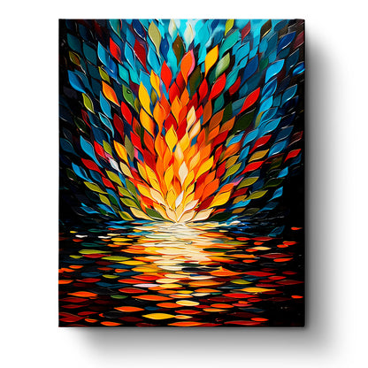 miicreative's Vibrant Flames Reflection - Meditation kit. Features a colorful burst of leaves in warm reds, oranges, and cool blues, evoking a serene and contemplative mood. Perfect for enhancing creativity and mindfulness.