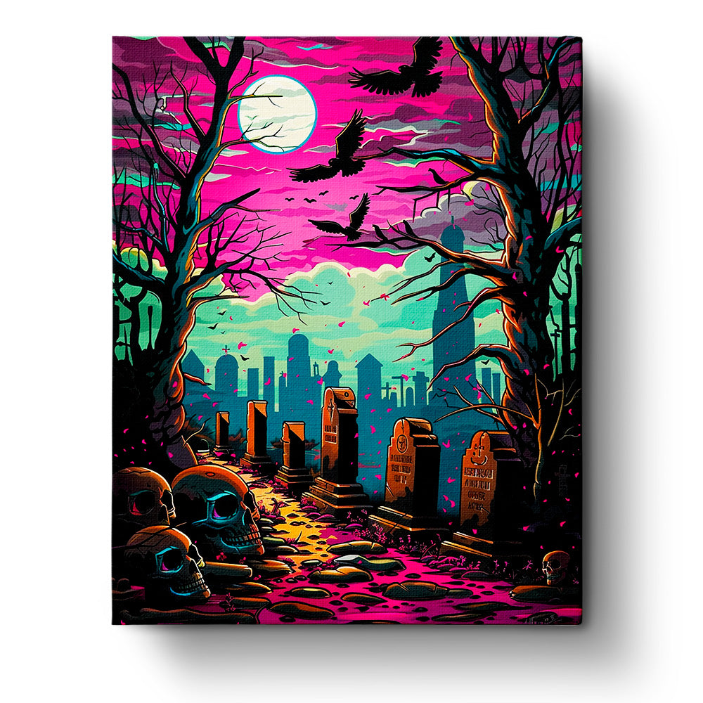 Creepy Moonlit Graveyard in vibrant colors with trees, skulls, and tombstones under a bright moon, featured in miicreative's paint by numbers fixed kit. Emphasizing creativity and mindfulness.