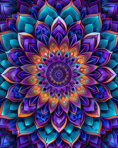 The Vibrant Serenity - Mandalas features an intricate, colorful mandala design in vivid purples, blues, and oranges. This miicreative kit encourages mindfulness and creativity with its detailed geometric patterns.