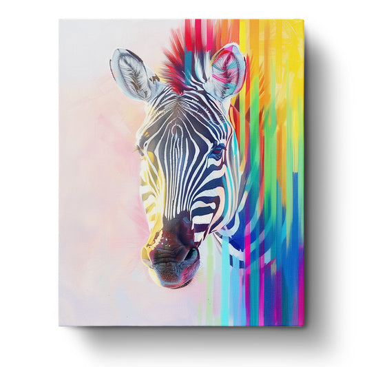 A colorful abstract portrait of a zebra with vibrant stripes blending into a rainbow background, part of the Vibrant Zebra Portrait by miicreative. Emphasizes creativity and mindfulness.