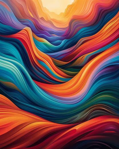 Vibrant Serenity - Meditation by miicreative. A mesmerizing blend of colorful waves in hues of orange, blue, and purple, symbolizing mindfulness and creative flow in this paint by numbers kit.