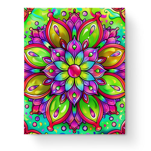 A vivid mandala design titled Vibrant Serenity - Mandalas by miicreative. Featuring bright greens, purples, and pinks, this paint by numbers kit emphasizes creativity and mindfulness.