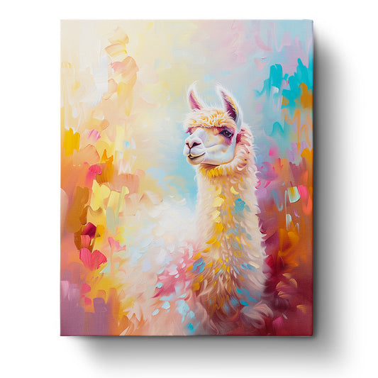 A detailed paint-by-numbers kit featuring a vibrant llama with a colorful abstract background. Product title: Vibrant Llama - Abstract Animals by miicreative. The kit emphasizes creativity, mindfulness, and relaxation with its intricate design and harmonious color palette.