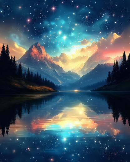 miicreative's Starry Mountain Reflections kit. Serene night sky and mountains, fostering creativity and focus in painting. Ideal for relaxation.