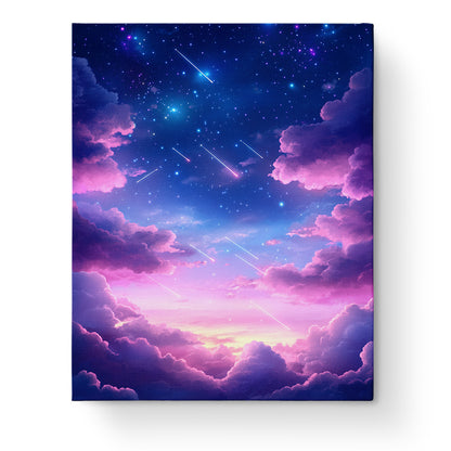 Celestial Serenity by miicreative, a tranquil galaxy scene. Perfect for mindfulness, featuring shooting stars and vibrant clouds. Enhance focus with this painting kit.