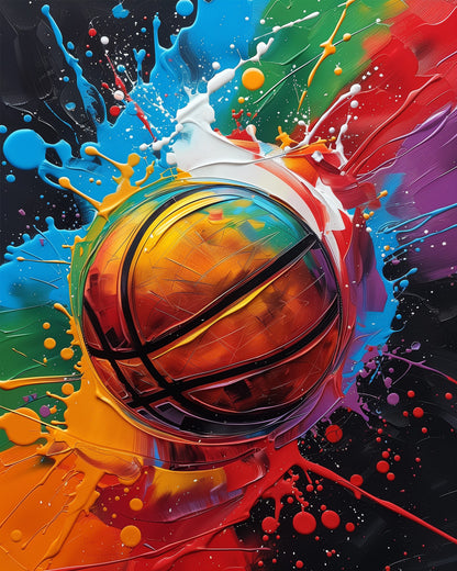 A vibrant and dynamic paint by numbers kit featuring an explosion of colors around a basketball. This image from miicreative highlights both creativity and mindfulness through its vivid design. Perfect for stress relief and artistic expression.