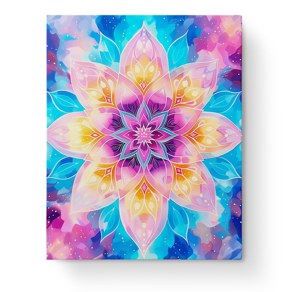 Colorful Mystic Mandala design in the miicreative paint-by-numbers kit. Features vibrant hues of pink, orange, and blue, ideal for meditation and creativity.