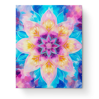 Colorful Mystic Mandala design in the miicreative paint-by-numbers kit. Features vibrant hues of pink, orange, and blue, ideal for meditation and creativity.