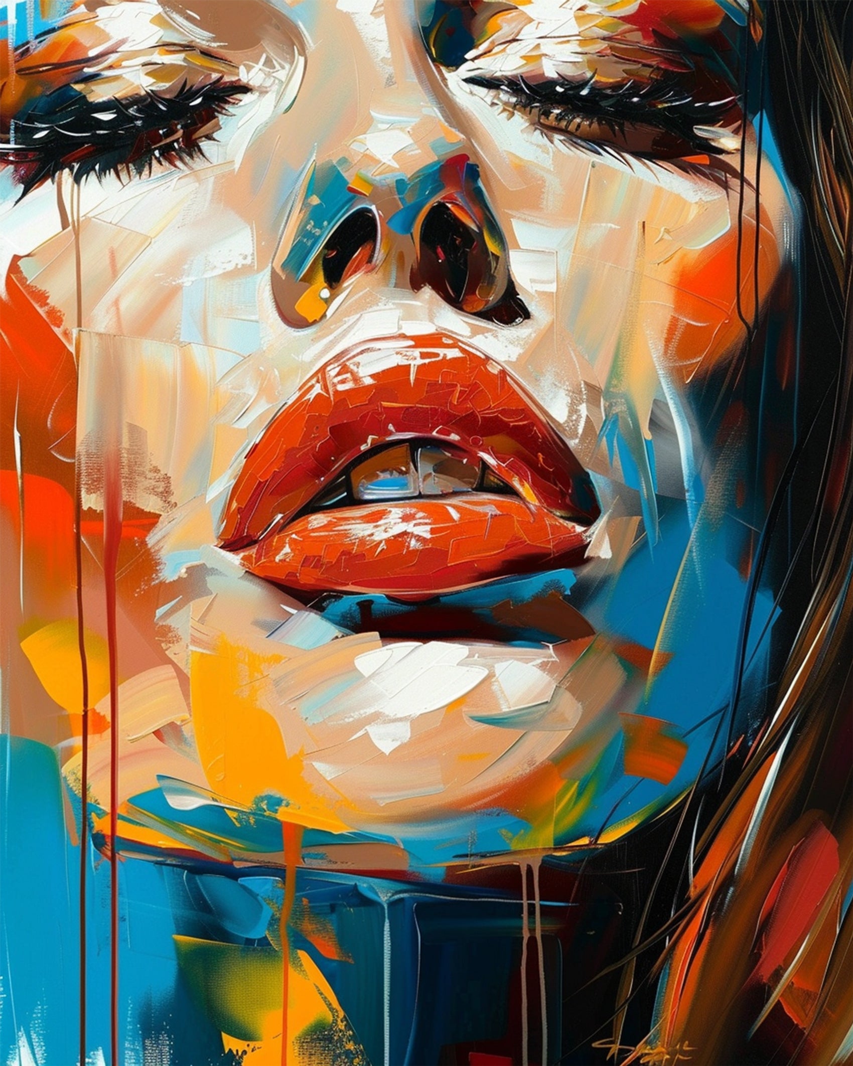 A vivid close-up of a woman's face, featuring bold strokes of orange, blue, and red, capturing mindfulness and creativity. 'Vibrant Expression - Bohemian Vibes' by miicreative.
