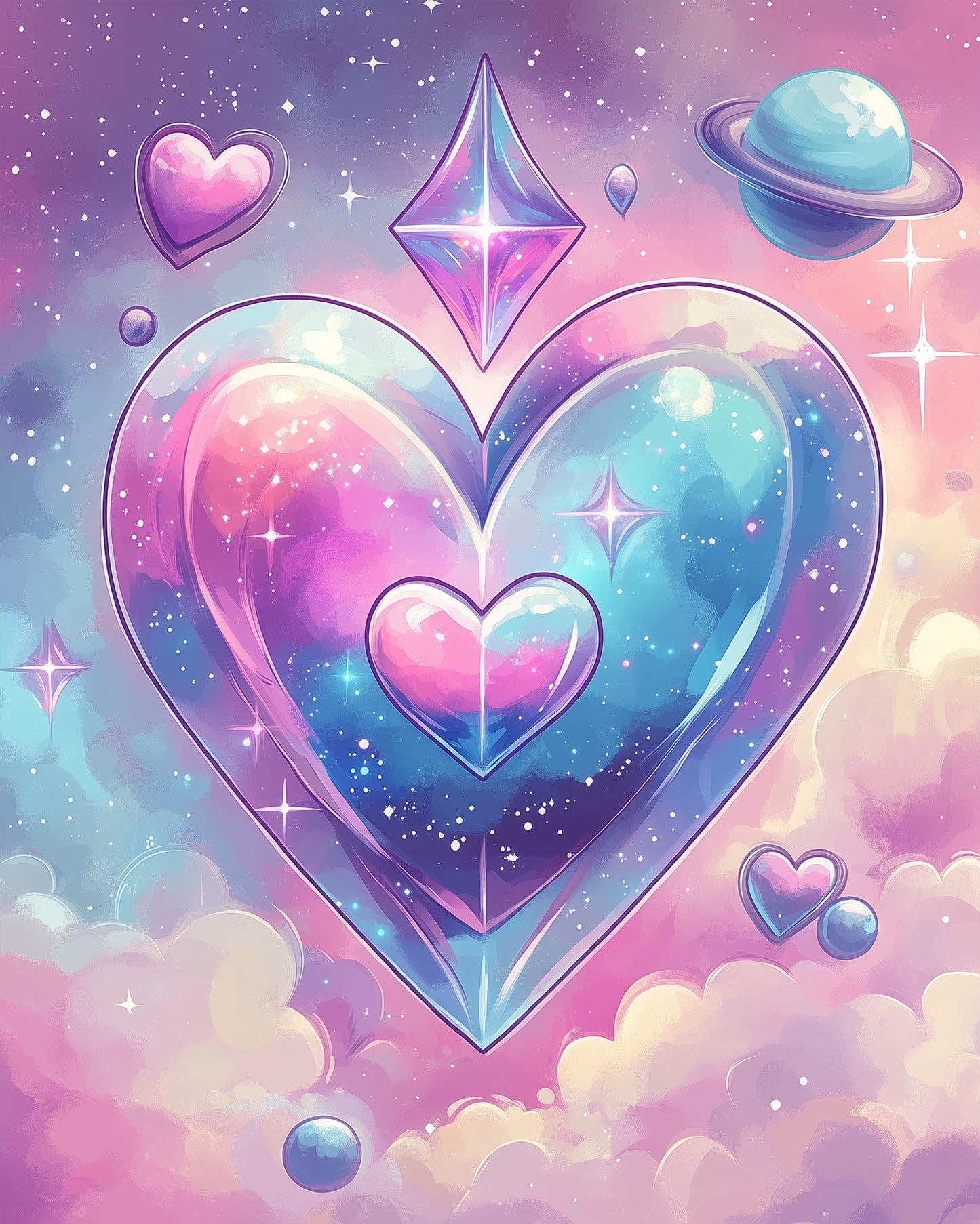 Explore the universe with miicreative's Cosmic Heart Harmony kit, featuring celestial hearts and cosmic elements for a serene painting experience.