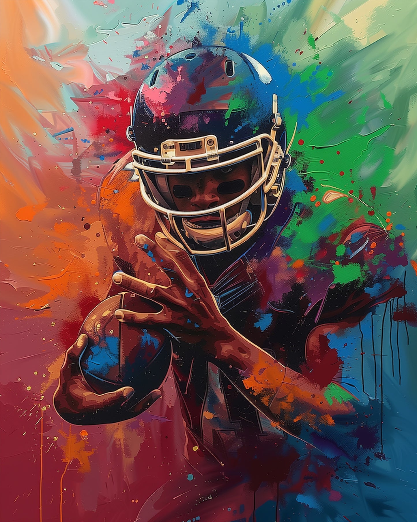Vibrant Football Athlete - USA paint by numbers kit by miicreative. Features a colorful depiction of a football player in motion, emphasizing creativity and mindfulness. Energetic and vivid design to inspire relaxation and artistic expression.