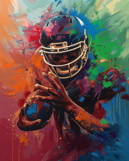 Vibrant Football Athlete - USA paint by numbers kit by miicreative. Features a colorful depiction of a football player in motion, emphasizing creativity and mindfulness. Energetic and vivid design to inspire relaxation and artistic expression.