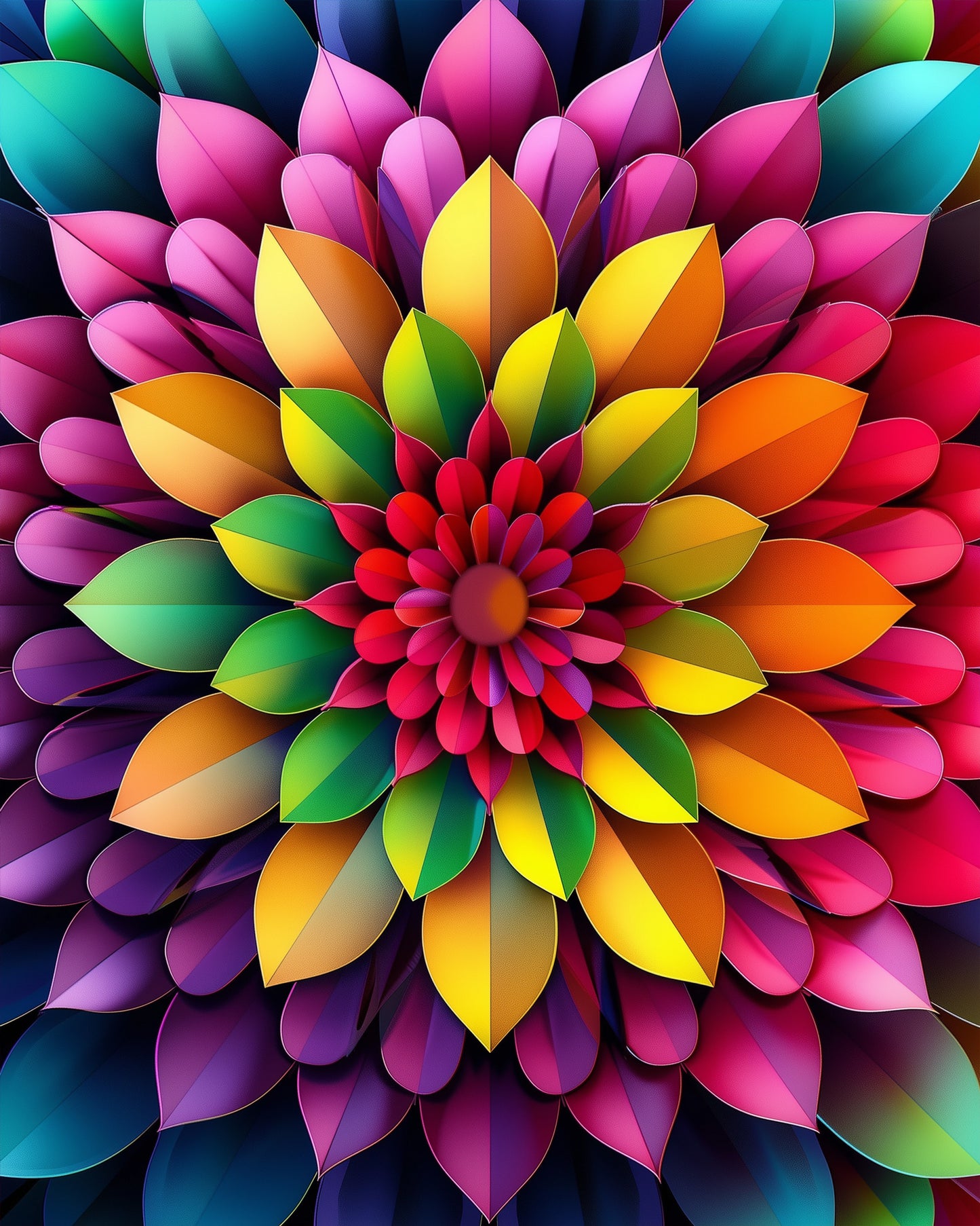Vibrant Floral Burst Mandalas paint by numbers kit by miicreative, featuring bold, multicolored petals. Perfect for mindfulness and creativity.