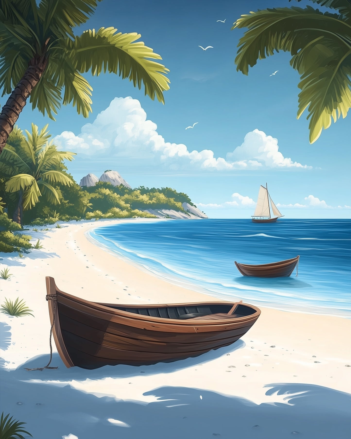 Miicreative's Sea Landscape with tranquil ocean waves, boats, and palm-lined shores. Ideal for stress relief and creative painting experiences.
