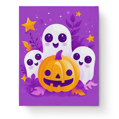 Cheerful Ghosts and Pumpkin - Halloween paint by numbers kit by miicreative. Featuring adorable ghosts and a bright pumpkin scene. Perfect for mindful relaxation and creativity.