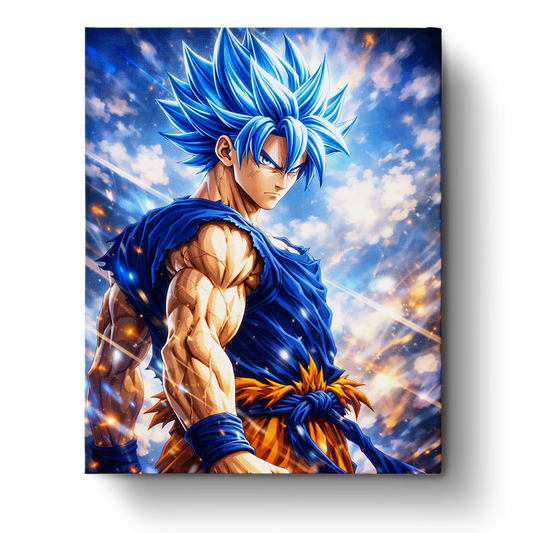 Goku in ascendant form from Dragon Ball in a dynamic pose, brought to life by miicreative. Inspiring focus and mindfulness through painting.