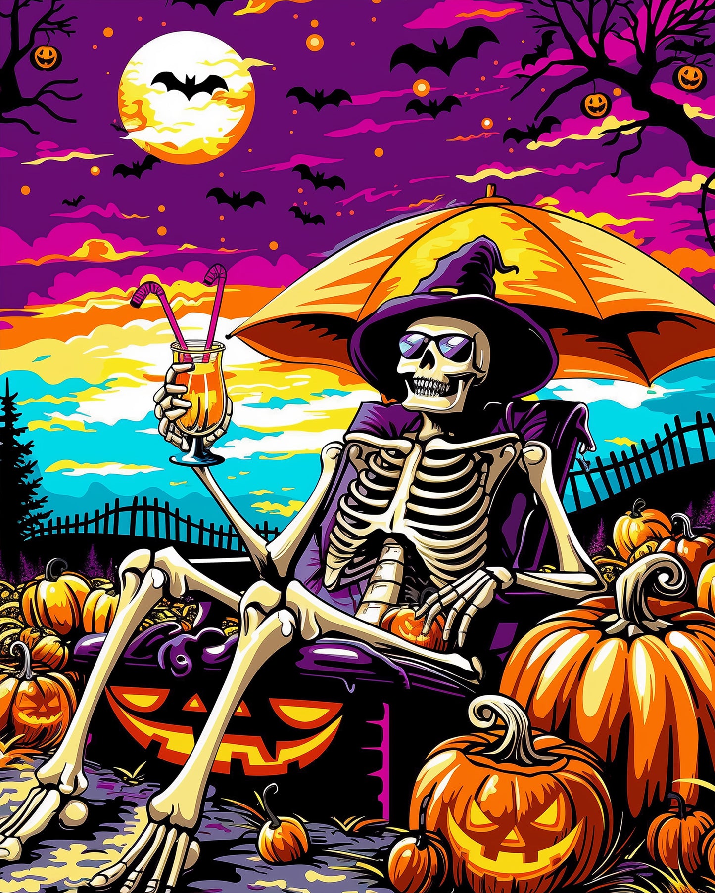 miicreative paint by numbers kit featuring a skeleton lounging with a drink under a colorful Halloween sky. Vibrant oranges, purples, and yellows evoke a sense of creativity and mindfulness.