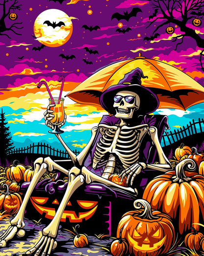 miicreative paint by numbers kit featuring a skeleton lounging with a drink under a colorful Halloween sky. Vibrant oranges, purples, and yellows evoke a sense of creativity and mindfulness.