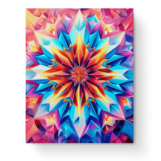 Vibrant mandala burst in blue, orange, and red hues depicting calming geometric patterns, capturing a meditative essence. Title: Vibrant Mandala Burst - Meditation. Brand: miicreative.