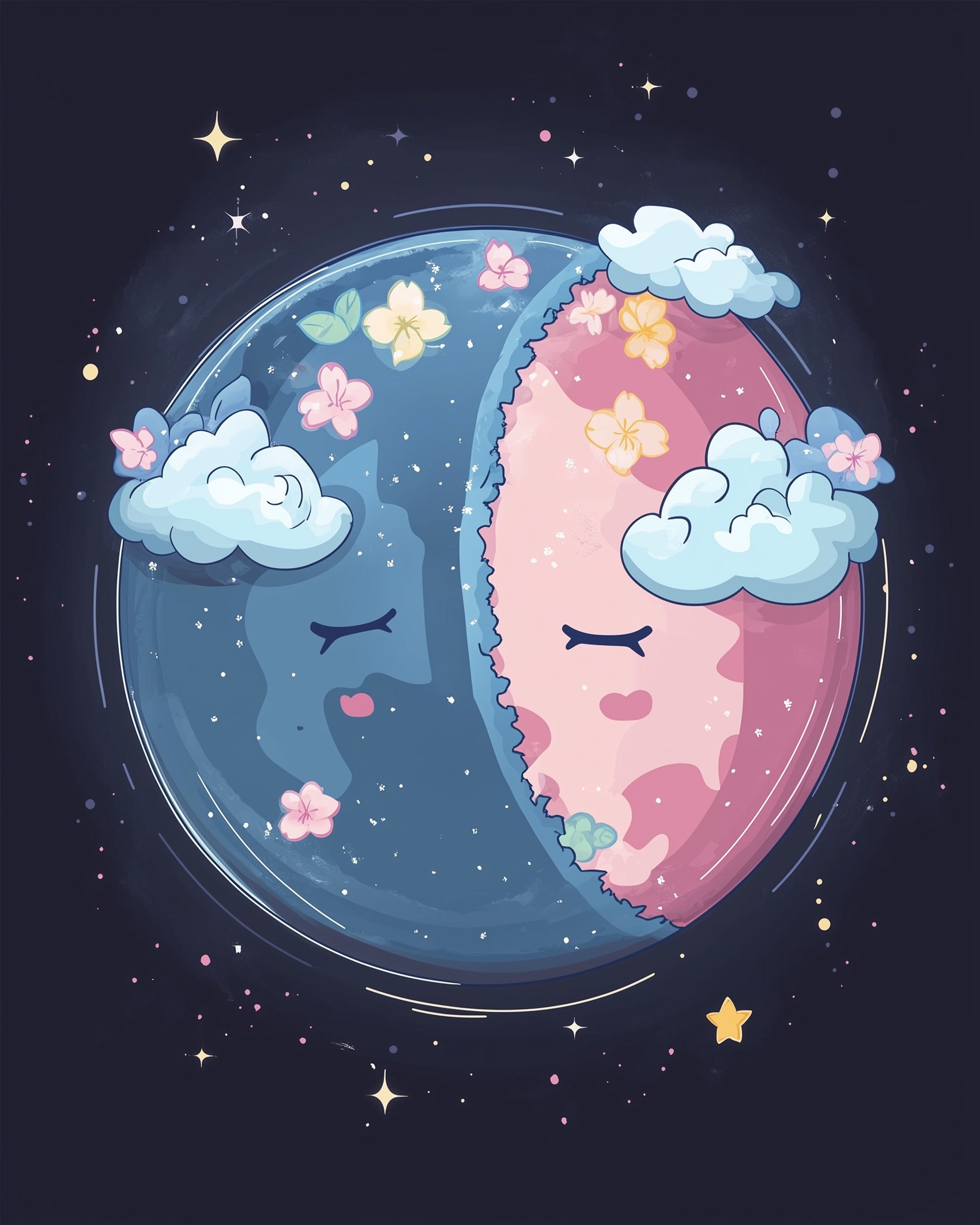 Miicreative's Celestial Dreamscape. Dreamy space scene with clouds and flowers. Engage in stress relief and creative focus with this painting experience.